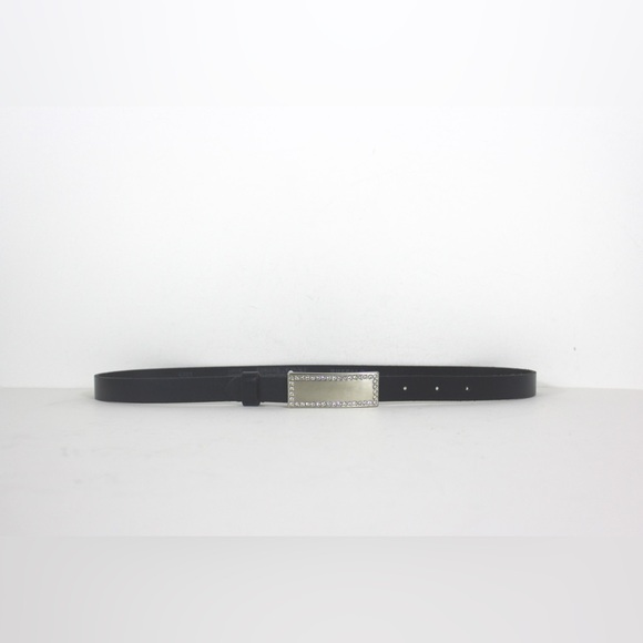 Skinny Black Leather Belt with Brushed Silver and Rhinestone Buckle - Picture 4 of 8